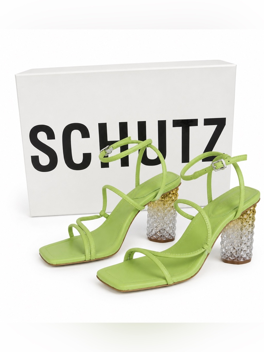 SCHUTZ Anthropologie Mayte Lime Strappy Sandals Faceted Clear Block Heel NIB